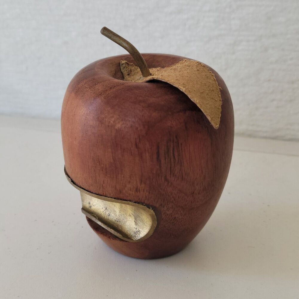 APPLE-a-day Wood-Brass Bottle Opener Handcrafted Leather Leaf Brass Stem Wood